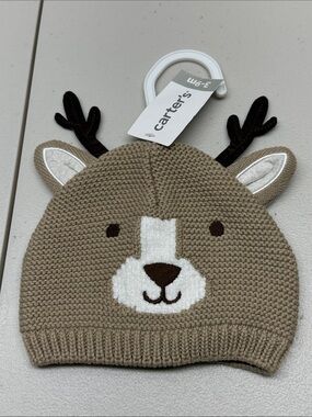 Carter's Beige Reindeer Knit Beanie with Brown Antlers. NWT
